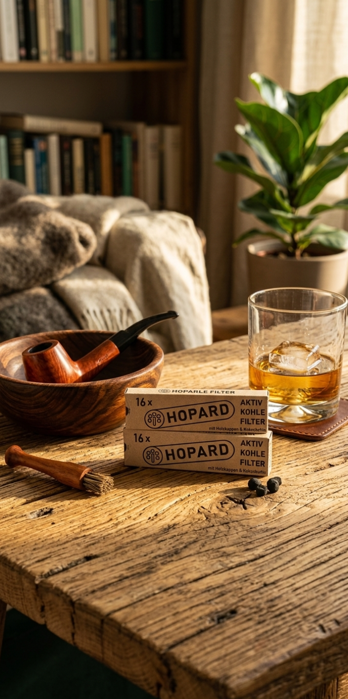 HOPARD Aktivkohlefilter auf einem rustikalen Holztisch neben einer Pfeife und einem Whiskyglas in gemütlicher Wohnzimmeratmosphäre.